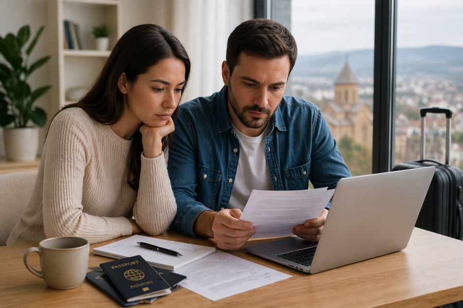 A modern international couple sitting at a table reviewing documents and using a laptop, natural daylight, minimal elegant setting, soft neutral tones, realistic style, no text, no logos