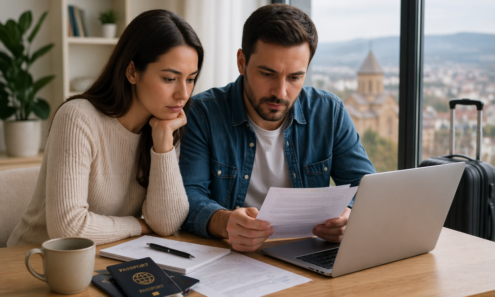 A modern international couple sitting at a table reviewing documents and using a laptop, natural daylight, minimal elegant setting, soft neutral tones, realistic style, no text, no logos