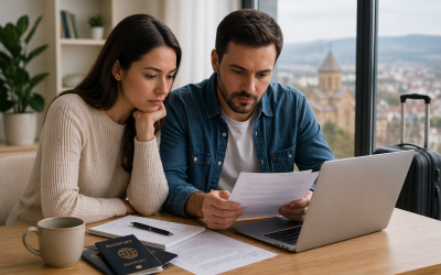 A modern international couple sitting at a table reviewing documents and using a laptop, natural daylight, minimal elegant setting, soft neutral tones, realistic style, no text, no logos